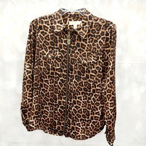 Michael Kors Women Leopard Print Blouse Top Size S Brown Black W/Roll Tab Sleeve